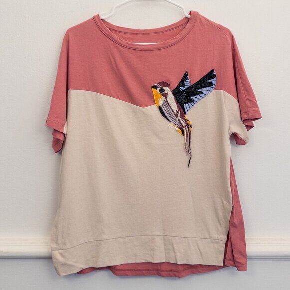 The Handsome Korea Colorblock Bird Embroidered Tee Free Size Oversized - Picture 2 of 4